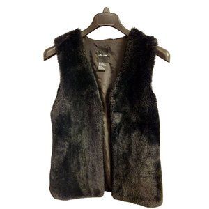 Women's Me Jane Black Faux Fur Vest Sz L Open Side Slit Pockets Preowned